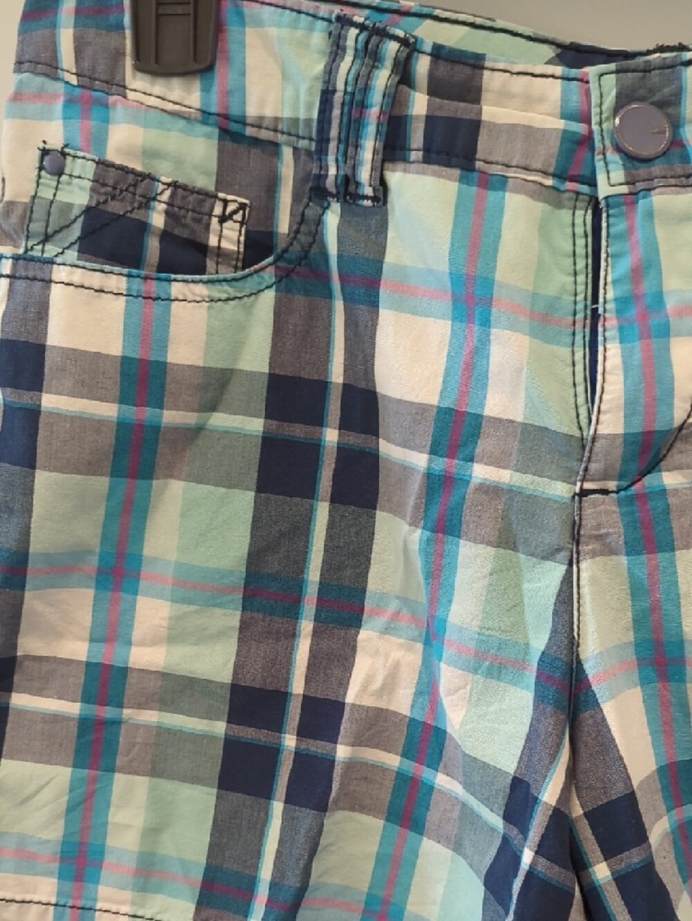 Lee Women's Plaid Flat-Front Shorts in Aqua, Navy and White - Picture 2 of 4
